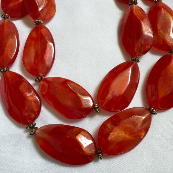 ❤️ Red Beaded Statement Necklace | 2-Strand Bold Resin Beads Gold Hardware - Picture 2 of 5